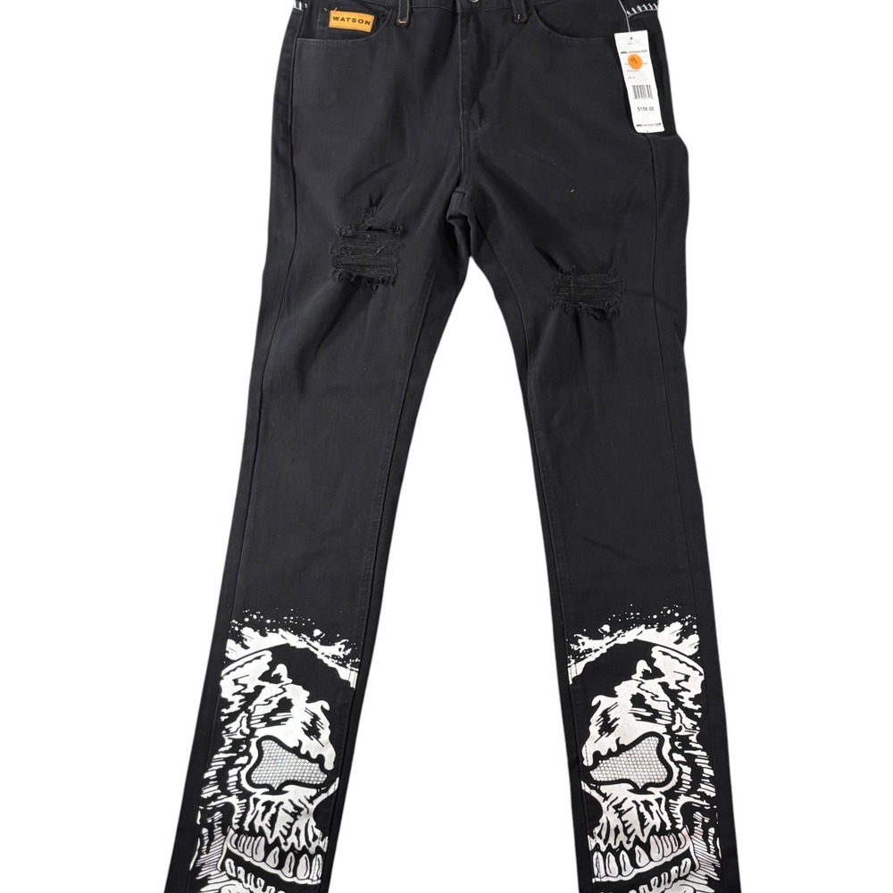 Watson Straight Jeans Mens 30‎ Black Distressed Denim Skull Print Cotton Stretch